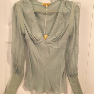 New tags! Catherine Malandrino “aqua” pale green long sleeve silk top size M